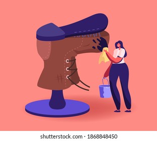 Tiny Shoemaker Character Repair Huge Old Worn Boot Remove Dirt, Master in Workshop Fixing Broken Shoe. Repairing Business, Tailoring Professional Occupation, Craft. Cartoon Vector Illustration