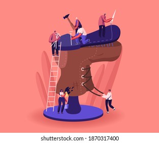 Tiny Shoemakers Characters Repair Huge Old Worn Boot Remove Dirt, Nail Down Sole, Tie Shoelaces. Masters Using Tools and Instruments in Workshop Fixing Broken Shoes. Cartoon People Vector Illustration