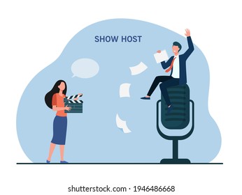 Tiny show host sitting on giant microphone. Interview, television, media flat vector illustration. Entertainment and TV concept for banner, website design or landing web page