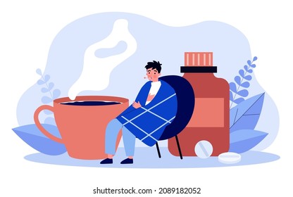 Tiny sick boy sitting by cup of hot tea and pills. Person measuring temperature with thermometer flat vector illustration. Cold, flu in winter concept for banner, website design or landing web page