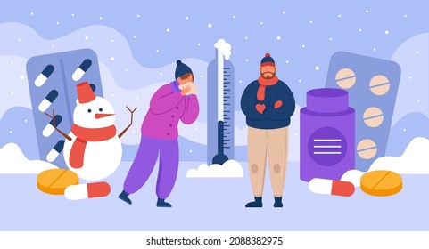 Tiny sick people suffering from cold allergy symptoms. Woman sneezing into tissue, man freezing due to low temperature flat vector illustration. Winter season disease, pharmacy, treatment concept