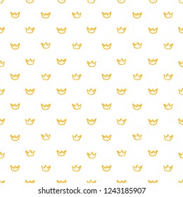 Tiny, small golden outline crowns seamless repeat vector pattern. Uneven hand drawn edges. Marker, brush drawn gold, yellow corona illustration. Fashion template, regular texture. Abstract background.