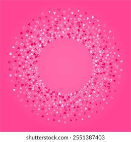 Tiny small hand drawn scattering hearts Valentine's Day round radial frame. Circle shape vector chaotic text background. Tricolor cute doodle marker drawn different heart shapes and silhouettes.