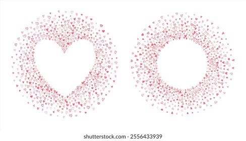 Tiny small hand drawn scattering hearts Valentine's Day radial frames set. Circle round heart stencil shape vector text backgrounds. Tricolor cute doodle marker drawn different heart silhouettes.