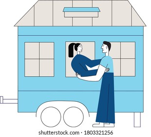 Tiny, small house living. Woman and man to embrace. Family hugging. Vectoe stock illustartion isolated on white background.