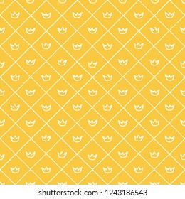 Tiny, small outline crowns and plaid, check regular texture seamless vector pattern. Uneven hand drawn edges. Marker, brush drawn yellow corona and trellis, grating, lattice, square grid background.