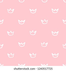 Tiny, Small Outline Crowns Seamless Repeat Vector Pattern. Blush Pink And White Background. Uneven Hand Drawn Edges. Marker, Brush Drawn Fashion, Beauty Template, Regular Texture. 