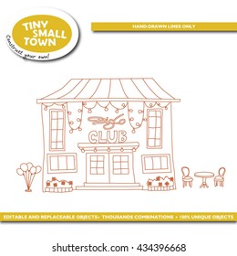 Tiny Small Town: disco club. ?ute cartoon house hand-drawn with lines