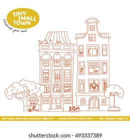 Tiny Small Town: houses part 2. Cute cartoon houses hand-drawn with lines