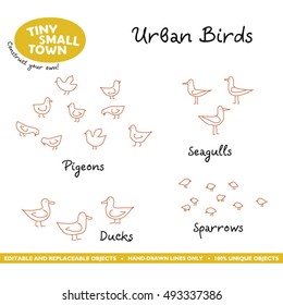 Tiny Small Town: urban birds. Cute cartoon pigeons, sparrows, seagulls and ducks hand-drawn with lines