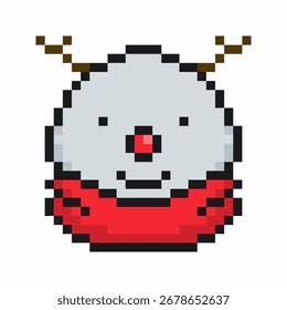 Pequeña cabeza del muñeco de nieve con la bufanda roja, icono del arte del pixel, aislado
