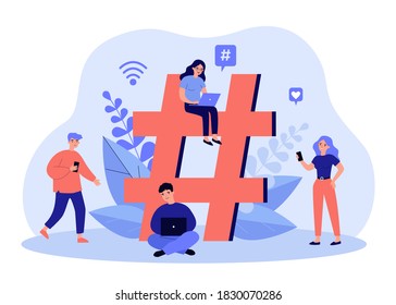 Tiny social media users with gadgets and huge hashtag. Group of people using laptops and smartphone. Flat vector illustration for marketing, advertising, blogging, internet promotion concept