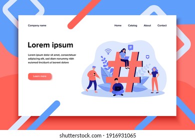 Tiny social media users with gadgets and huge hashtag. Group of people using laptops and smartphone. Flat vector illustration for marketing, advertising, blogging, internet promotion concept