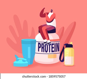 Tiny Sportsman Character Demonstrate Muscles Sit on Huge Protein Cocktail Jar and Shaker in Gym. Sportive Nutrition, Healthy Lifestyle. Pumping Muscles, Bodybuilding. Cartoon Vector Illustration