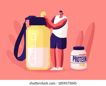 Tiny Sportsman Character Making Protein Cocktail in Shaker in Gym. Sportive Nutrition, Healthy Lifestyle. Pumping Muscles, Food for Fitness or Bodybuilding Activity. Cartoon Vector Illustration