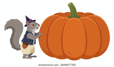 Tiny Squirrel Discovering an Enormous Orange Pumpkin