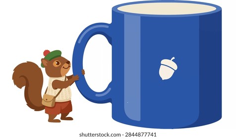 Tiny Squirrel Discovering an Oversized Blue Coffee Mug
