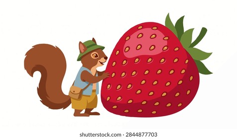 Tiny Squirrel Exploring an Enormous Crimson Strawberry