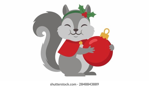 Tiny Squirrel Hugging A Shiny Christmas Ornament
