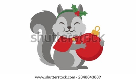 Tiny Squirrel Hugging A Shiny Christmas Ornament