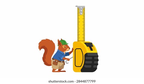 Tiny Squirrel Measuring an Enormous Yellow Tape Measure