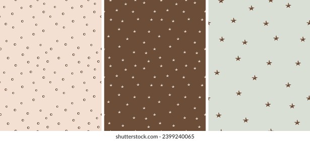 Tiny Stars and Dots Seamless Vector Patterns.Irregular Hand Drawn Simple Starry Print for Fabric, Wrapping Paper. Infantile Style Dotted Design. Little Stars Isolated on a Brown, Beige and Green. RGB.