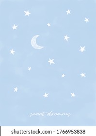 Tiny Stars and New Moon Vector Illustration. Irregular Hand Drawn Simple Starry Sky Print for Wall Art, Card, Poster. Infantile Style Galaxy Design. Little Stars Isolated on a Pastel Blue.