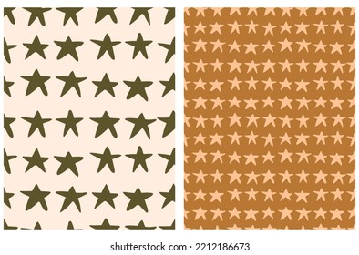 Tiny Stars Seamless Vector Patterns. Irregular Hand Drawn Simple Starry Print for ideal Fabric, Textile, Wrapping Paper. Infantile Style Galaxy Design. Little Stars Isolated on a Brown and Beige.