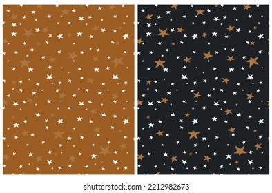 Tiny Stars Seamless Vector Patterns. Irregular Hand Drawn Simple Starry Print for ideal Fabric, Textile, Wrapping Paper. Infantile Style Galaxy Design. Little Stars Isolated on an Orange and Black.
