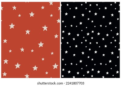Tiny Stars Seamless Vector Patterns. Irregular Hand Drawn Simple Starry Sky Print for Fabric, Textile, Wrapping Paper. Infantile Style Galaxy Design. Little Stars Isolated on a Red and Black.