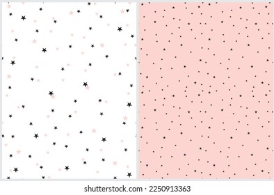 Tiny Stars Seamless Vector Patterns. Irregular Simple Starry Sky Print for Fabric, Textile, Wrapping Paper. Infantile Style Galaxy Design. Black Stars on a White and Light Pink Background.