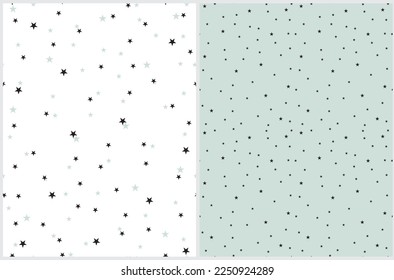 Tiny Stars Seamless Vector Patterns. Irregular Simple Starry Sky Print for Fabric, Textile, Wrapping Paper. Infantile Style Galaxy Design. Black Stars on a White and Light Mint Blue Background.