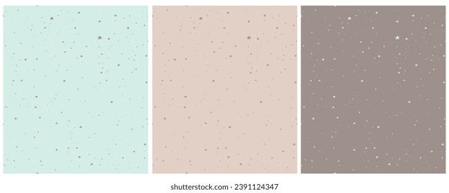 Tiny Stars Seamless Vector Patterns. Irregular Hand Drawn Simple Starry Print for Fabric, Wrapping Paper. Infantile Style Galaxy Design. Little Stars Isolated on a Mint Blue, Beige and Dusty Brown.RGB