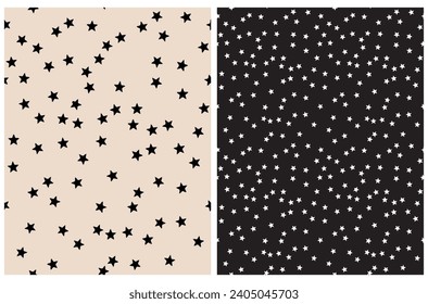 Tiny Stars Seamless Vector Patterns. Irregular Hand Drawn Simple Starry Print Ideal for Fabric, Textile, Wrapping Paper. Infantile Style Galaxy Design. Little Stars Isolated on a Black and Beige.