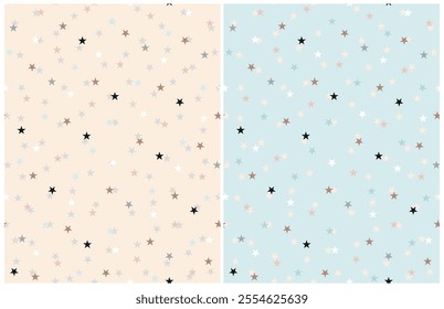 Tiny Stars Seamless Vector Patterns. Irregular Simple Starry Endless Print. Infantile Style Galaxy Design. Little Stars Isolated on a  Pastel Blue and Light Beige Background. Baby Shower Pattern.