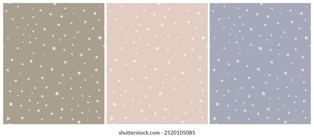 Tiny Stars Seamless Vector Patterns.Irregular Hand Drawn Simple Starry Print for Fabric,Textile,Wrapping Paper. Infantile Style Galaxy Design.Little Stars Isolated on a Green, Blue and Light Pink.RGB.