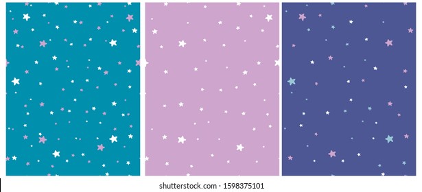 Tiny Stars Vector Patterns. Irregular Hand Drawn Simple Starry Sky Print for Fabric, Textile, Wrapping Paper. Infantile Style Galaxy Design.Little Stars Isolated on a Dark Blue and Violet Background. 