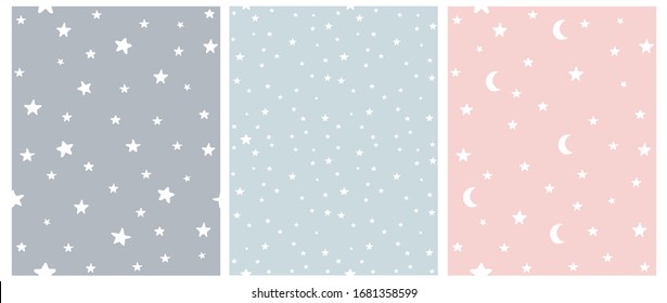 Tiny Stars Vector Patterns. Irregular Hand Drawn Simple Starry Sky Print for Fabric, Textile, Wrapping Paper. Infantile Style Galaxy Design. Little Stars Isolated on a Gray, Blue and Pastel Pink. 