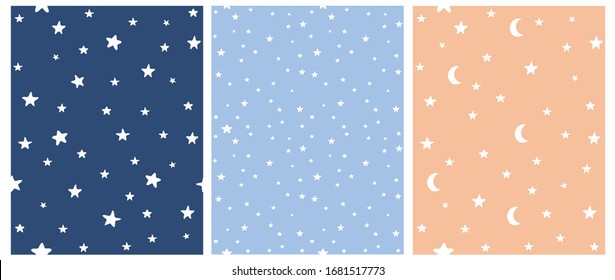 Tiny Stars Vector Patterns. Irregular Hand Drawn Simple Starry Sky Print for Fabric, Textile, Wrapping Paper. Infantile Style Galaxy Design. Little Stars Isolated on a Dark Blue,Blue and Cream. 