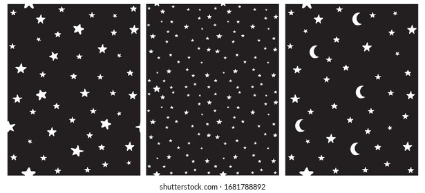 Tiny Stars Vector Patterns. Irregular Hand Drawn Simple Starry Sky Print for Fabric, Textile, Wrapping Paper. Infantile Style Galaxy Design. Little White Stars and Moon Isolated on a Black Background.