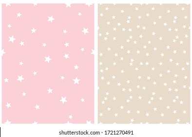 Tiny Stars Vector Patterns. Irregular Hand Drawn Simple Starry Sky Print for Fabric, Textile, Wrapping Paper. Falling Star Repeatable Design. Little Stars Isolated on a Cream and Pink Backdrop. 