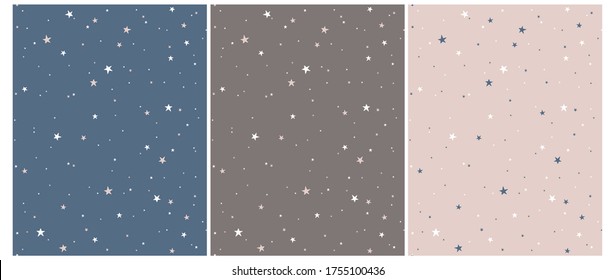 Tiny Stars Vector Patterns. Irregular Hand Drawn Simple Starry Sky Print for Fabric, Textile, Wrapping Paper. Infantile Style Galaxy Design. ittle Stars Isolated on a Brown, Blue and Light Dusty Pink.