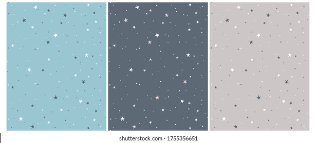 Tiny Stars Vector Patterns. Irregular Hand Drawn Simple Starry Sky Print for Fabric, Textile, Wrapping Paper. Infantile Style Galaxy Design. ittle Stars Isolated on a Gray, Blue and Turquoise.