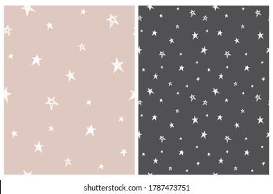 Tiny Stars Vector Patterns. Irregular Hand Drawn Simple Starry Sky Print for Fabric, Textile, Wrapping Paper. Infantile Style Galaxy Design. Little Stars Isolated on a Beige and Dark Gray.