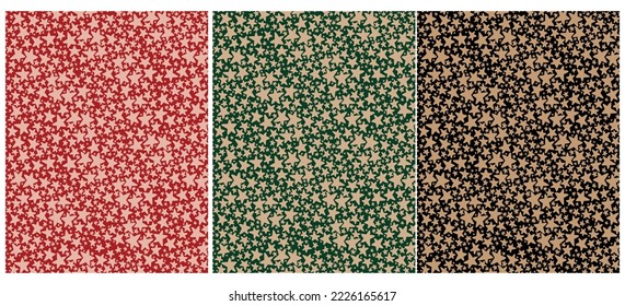 Tiny Stars Vector Seamless Patterns.Irregular Hand Drawn Simple Starry Print for Fabric, Textile, Wrapping Paper.Infantile Style Design with Little Stars Isolated on a Red, Green and Black Background.