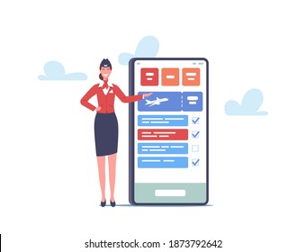Tiny Stewardess Character near Huge Smartphone. Flight Attendant, Air Hostess Girl Wear Uniform and Cap Inviting Passengers to Book Airplane Tickets Online, Airline Staff. Cartoon Vector Illustration
