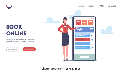 Tiny Stewardess Character near Huge Smartphone Landing Page Template. Flight Attendant, Air Hostess in Uniform and Cap Inviting Passengers to Book Airplane Tickets Online. Cartoon Vector Illustration