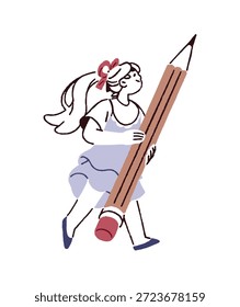Kleiner Schüler trägt Bleistift. Kleines Mädchen hält große Schreibwaren, geht zur Schule. Nettes Kind mit Zeichenwerkzeug. Glückliches Kind lernt. Flache, handgezeichnete, einzelne Vektorgrafik auf weißem Hintergrund