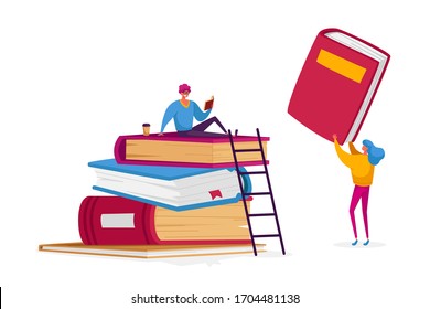 Pequeños personajes estudiantiles en los enormes libros Pile Learning Homework o prepárense para los exámenes en la universidad o la universidad. Los Jóvenes Reciben Educación, Conocimientos, Leen Hobby. Ilustración de vectores de caricatura