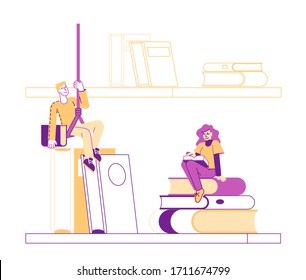 Tiny Student Characters at Huge Bookshelf Learning Homework or Prepare to Exams in University or College. Young People Get Education, Gain Knowledge, Reading Hobby. Linear People Vector Illustration